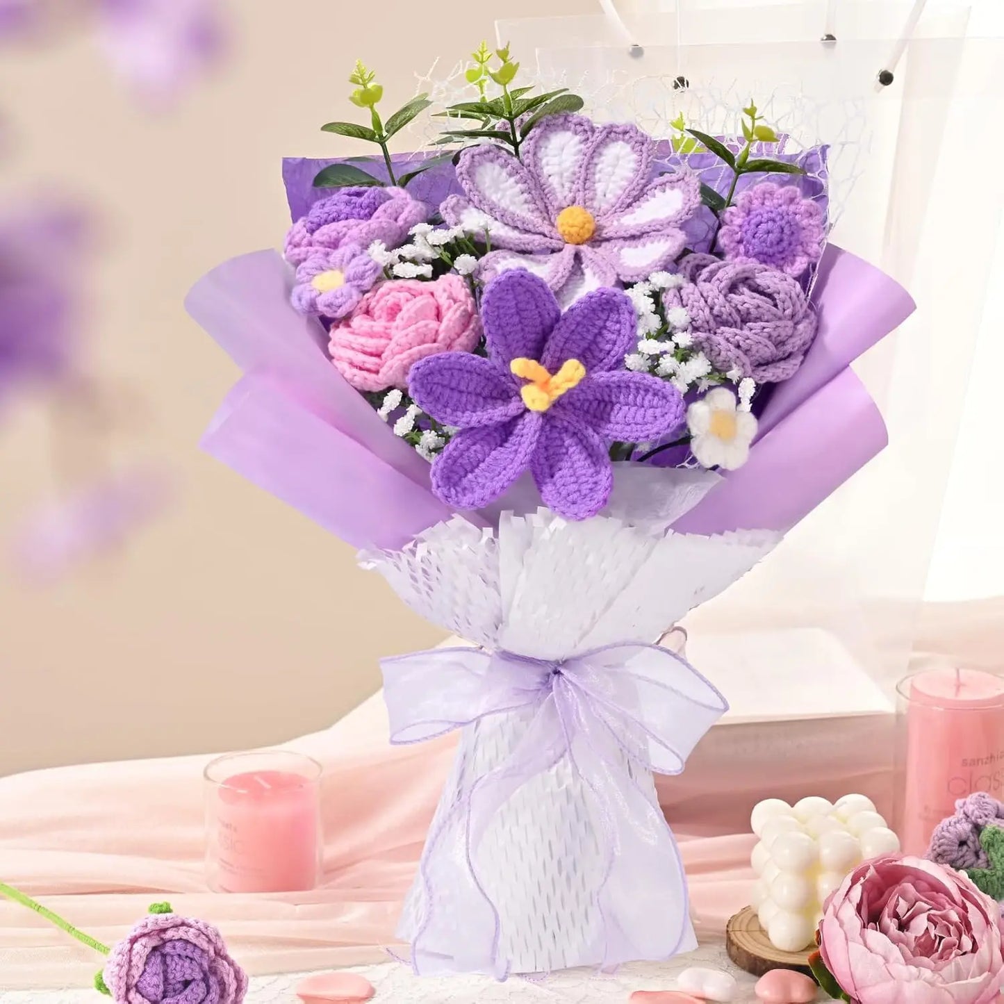 Purple Crochet Flower Bouquet | Handmade Knitted Floral Arrangement