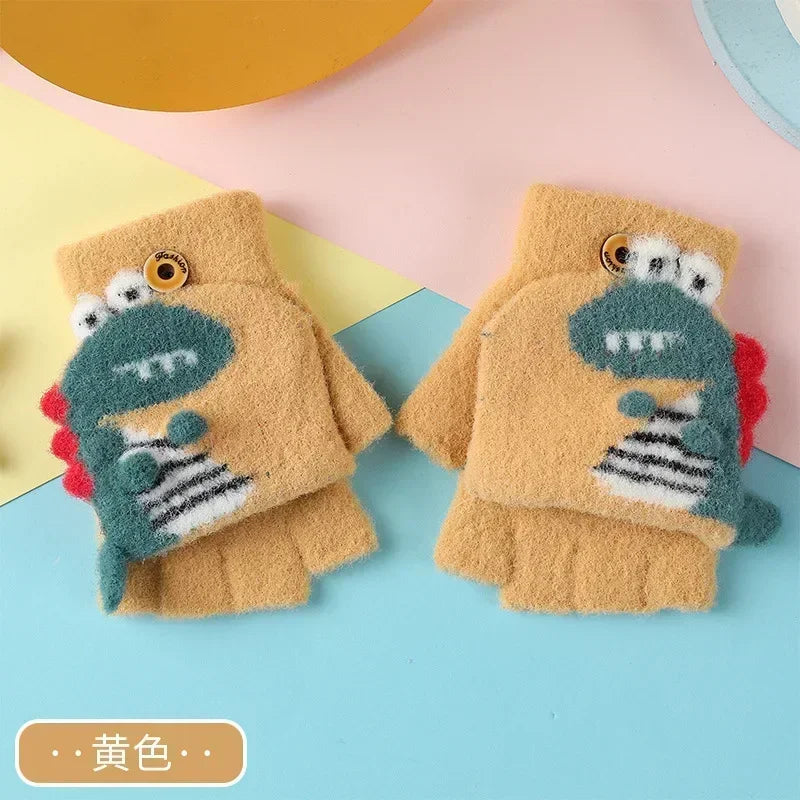 Kawaii Cartoon Dino Kids Half Finger Gloves | Winter Warmth for Fun