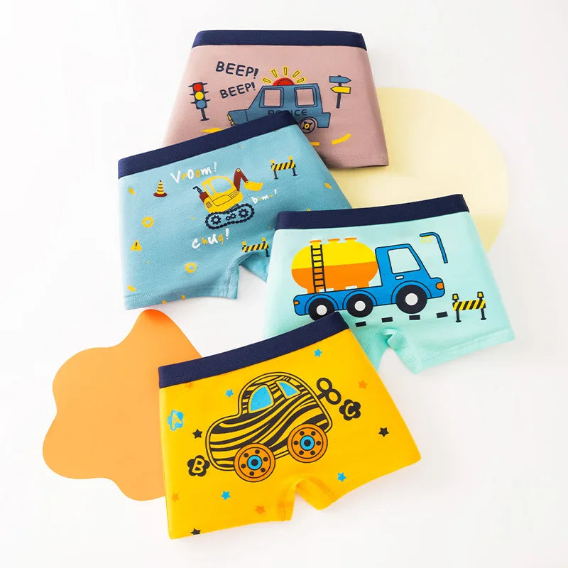 Boys Cotton Underwear | 4-Pack Cartoon Boxer Briefs for Kids