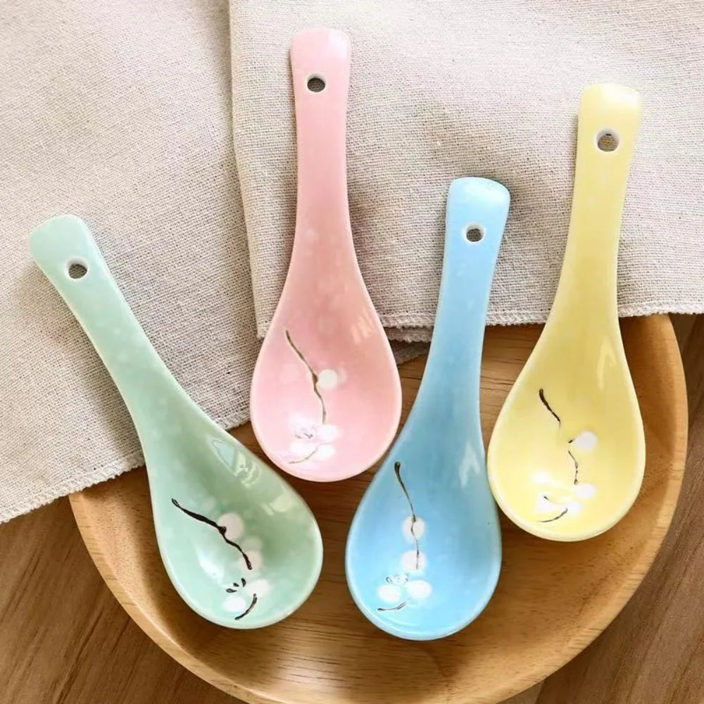 Japanese Style Ceramic Soup Spoon | Cute Cartoon Long Handle Spoon
