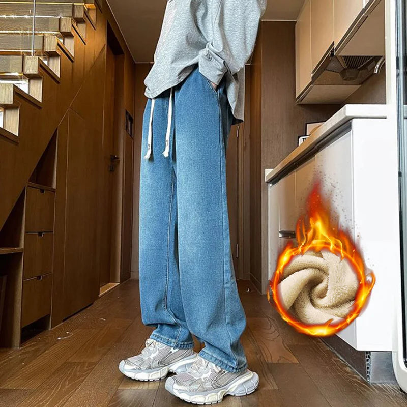 Thick Winter Men's Fleece Jeans | Warm Loose Plush Trousers