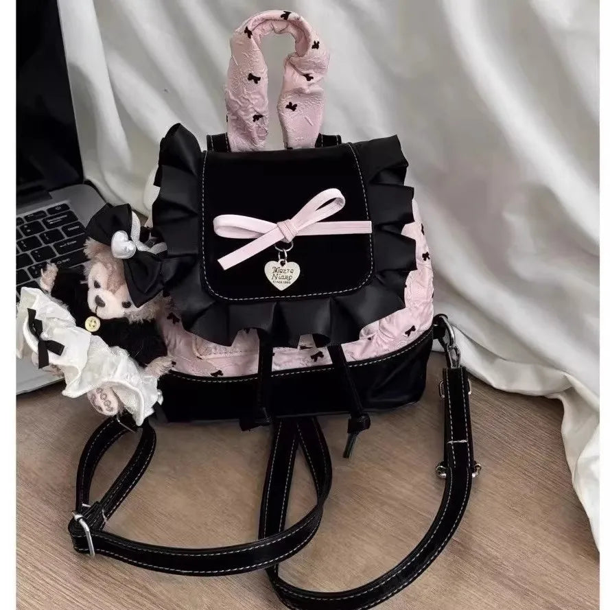 Stylish Black Pink Bow Ruffled Backpack for Women & Girls