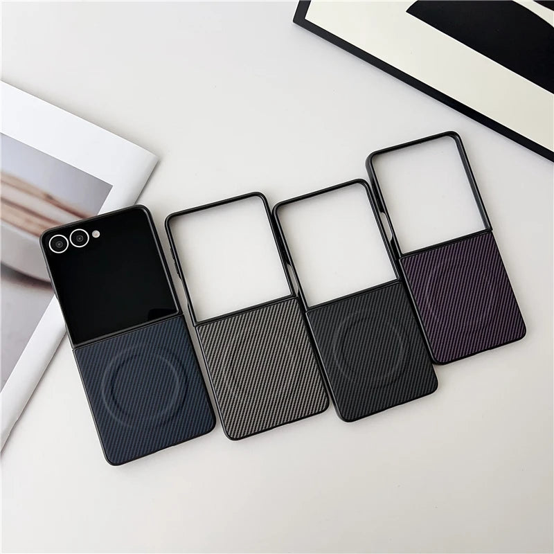 Magnetic Carbon Fiber Texture Phone Case For Samsung Galaxy Z Flip 3 4 5 6 7 For Magsafe Protective PC Back Cover Fundas