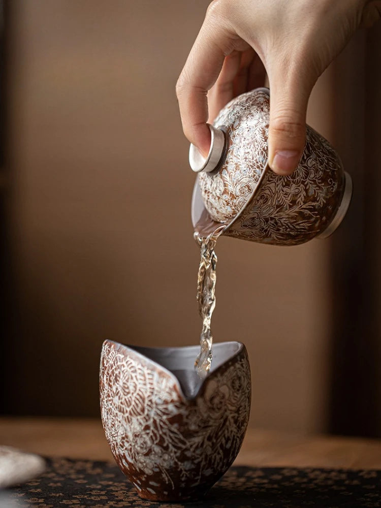 Juego de té Gaiwan de plata dorada elegante | Exquisita vajilla de cerámica