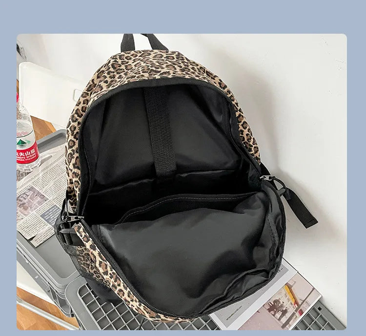 Vintage Leopard Print Backpack, Large Capacity School Bookbag with Side Mesh Pouch, for Students Travel Outdoor Streetwear