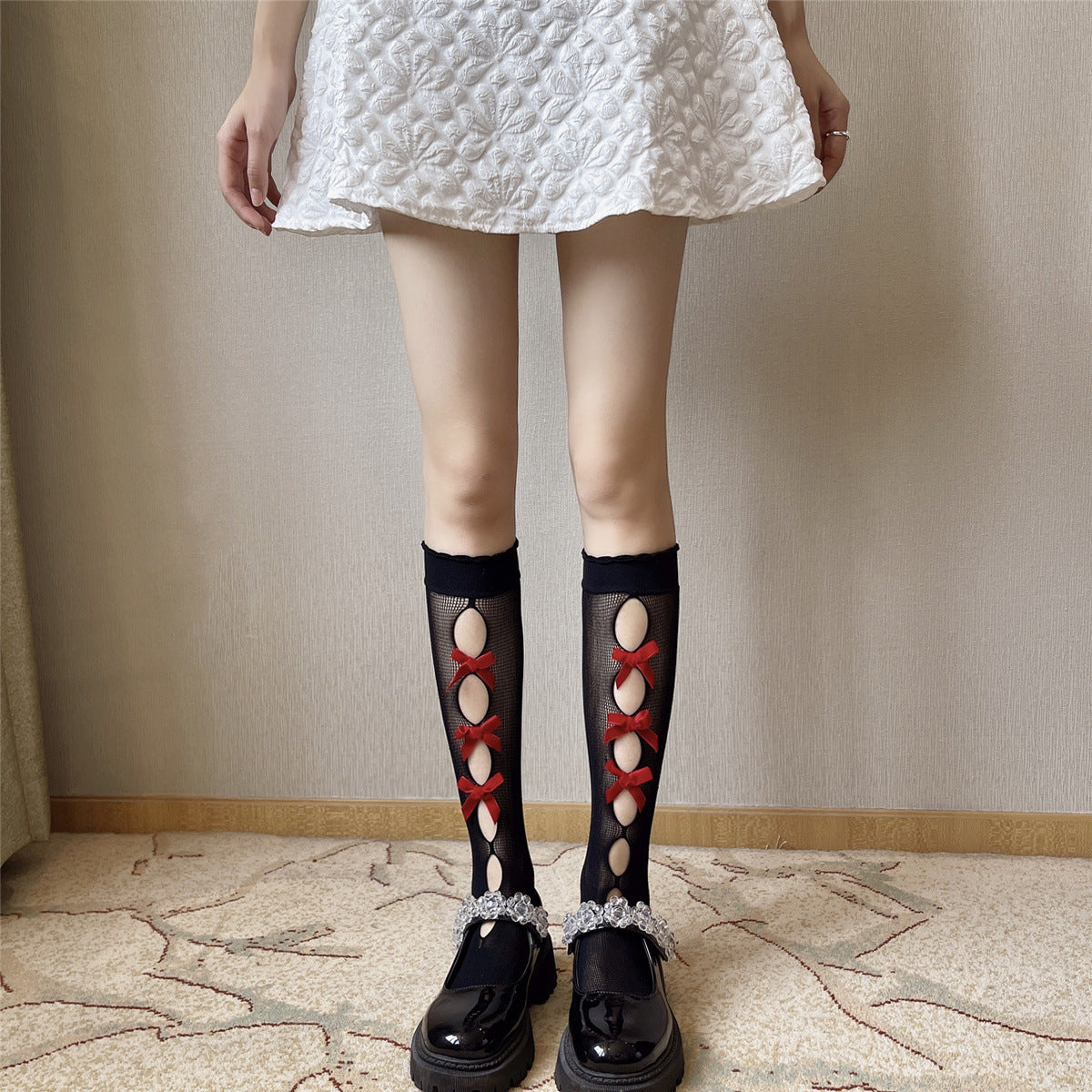 Kawaii Hollow Out Mesh Fishnet Socks | Cute Bow Long Stockings