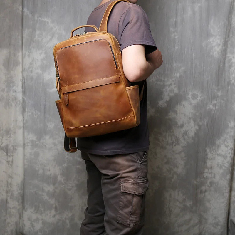 Men's Vertical Genuine Leather Backpack | Classic Retro Style