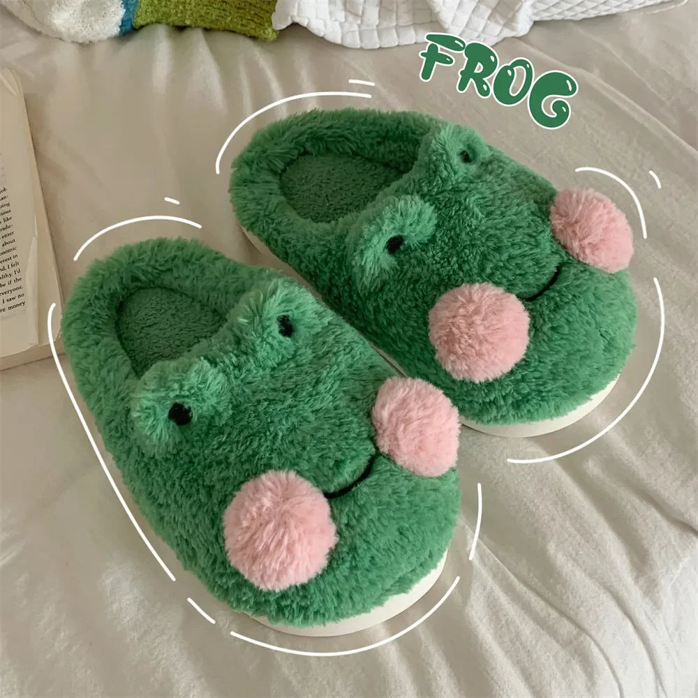 Women's Cute Green Frog Plush Slippers | Cozy Faux Fur House Shoes