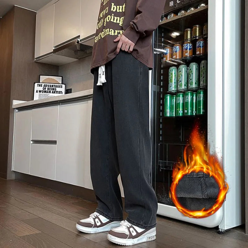 Thick Winter Men's Fleece Jeans | Warm Loose Plush Trousers