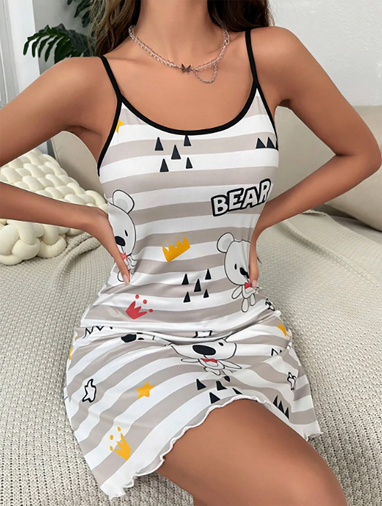 Cute Mini Night Dress with Bear Print for Cozy Lounging