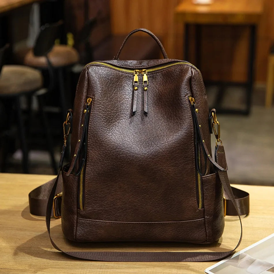 Vintage Leather Backpack | Large Capacity Travel Rucksack for Women