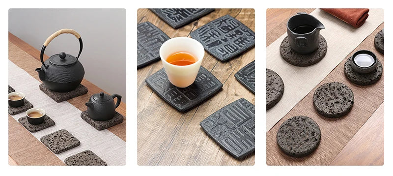 Bandeja de té con tótem de dragón tallado a mano | Elegante decoración volcánica negra