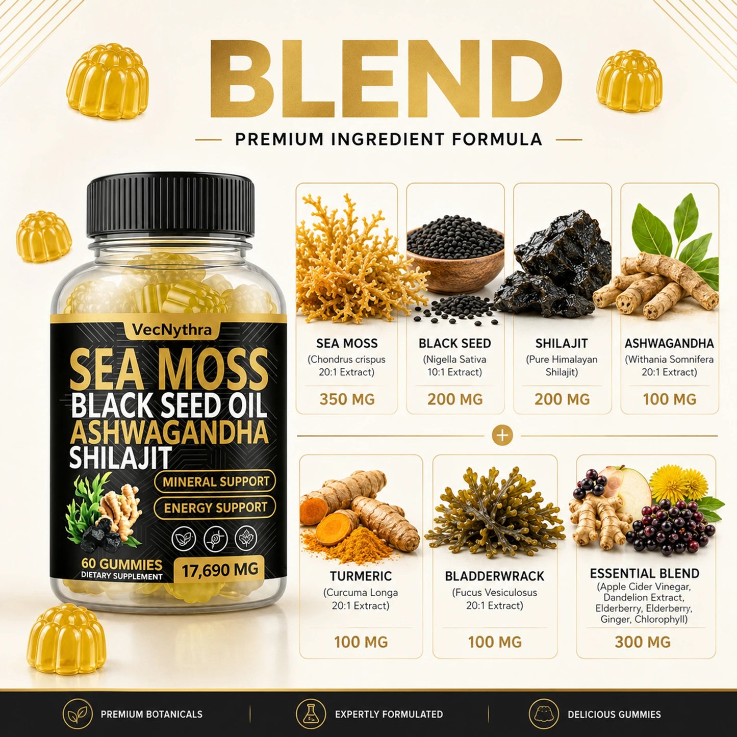 Powerful 60pcs Sea Moss & Shilajit Gummies | Boost Immunity & Energy