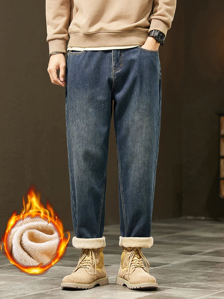 Men's Retro Loose Winter Fleece Jeans | Warm Plush Velvet Pants