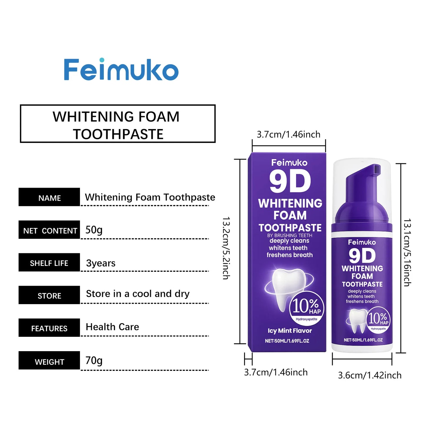 9D Purple Tooth Mousse WHITENING FOAM TOOTHPASTE 10% Hydroxyapatite Fresh Breath Travel Teeth Whitening Stain Removal Oral Care