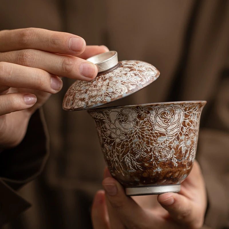 Juego de té Gaiwan de plata dorada elegante | Exquisita vajilla de cerámica