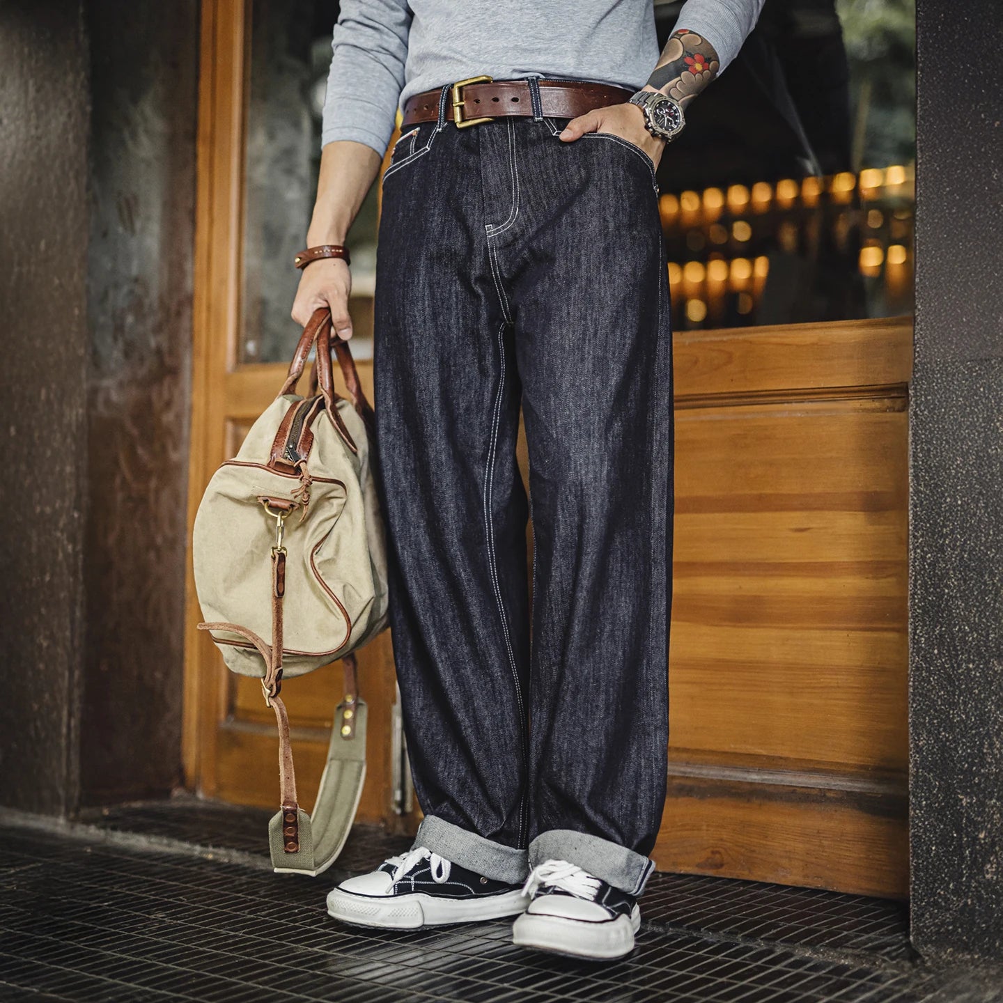 Men's Vintage One-Washed Denim Jeans | Casual Wide Leg Trousers