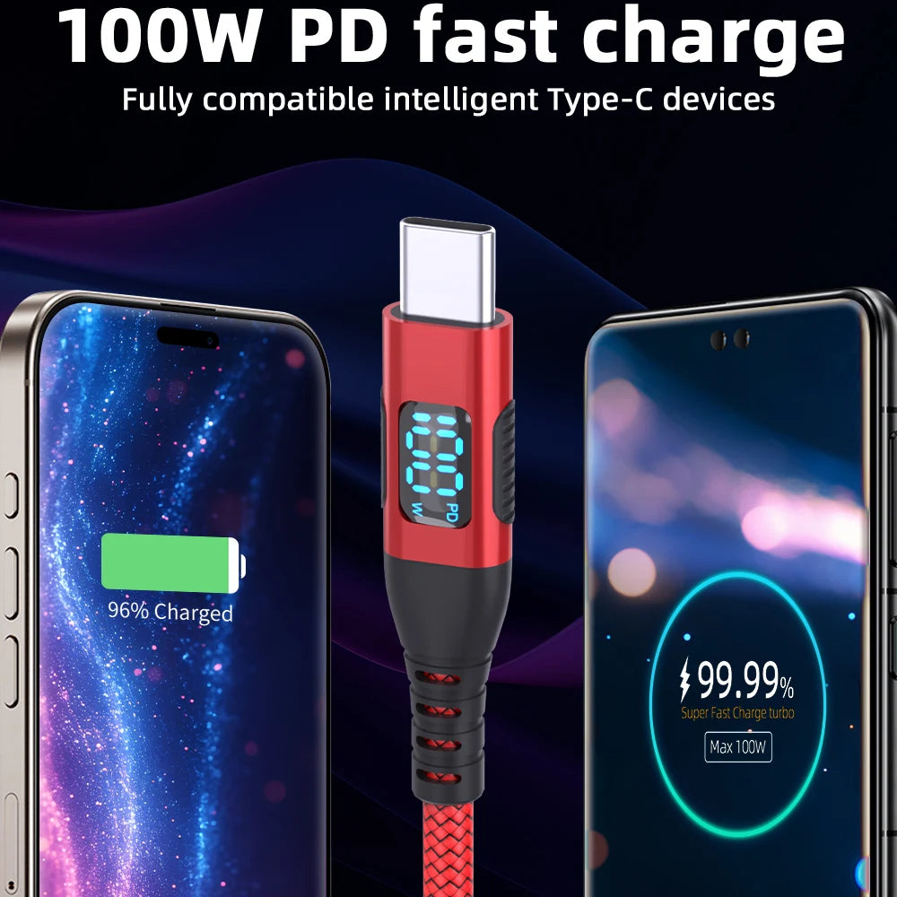 5A 100W USB C to Type C Fast Charging Cable with LED Display