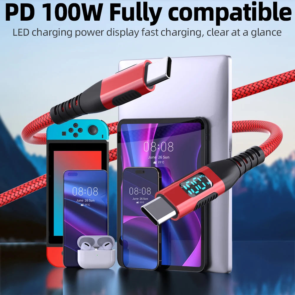 5A 100W USB C to Type C Fast Charging Cable with LED Display