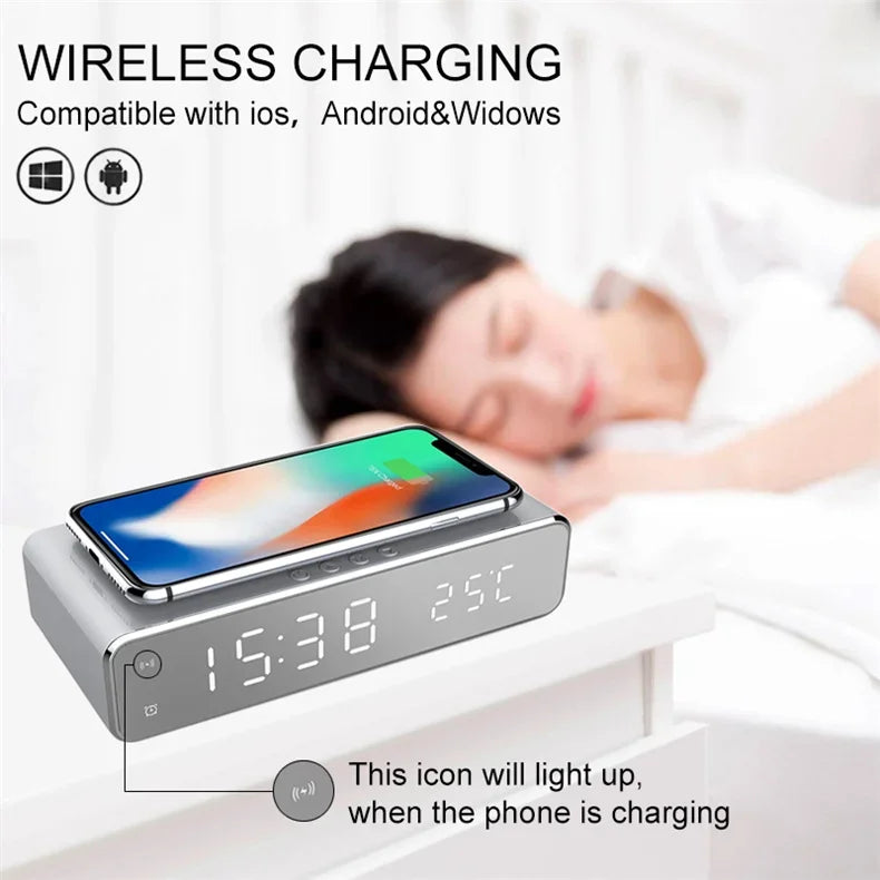 5W Wireless Charger Alarm Clock — Multifunction LED Digital Clock with Thermometer, Time Display & Fast Charging Dock for iPhone, Samsung & Qi-Compatible Phones