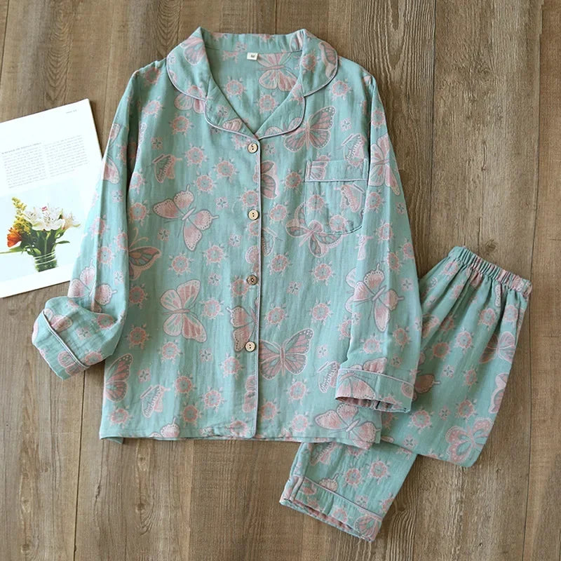 2026 Japanese Spring and Autumn New Women's Pajama Set 100% Cotton Vintage Long sleeved Pants Two Piece Set for Home Furnishings