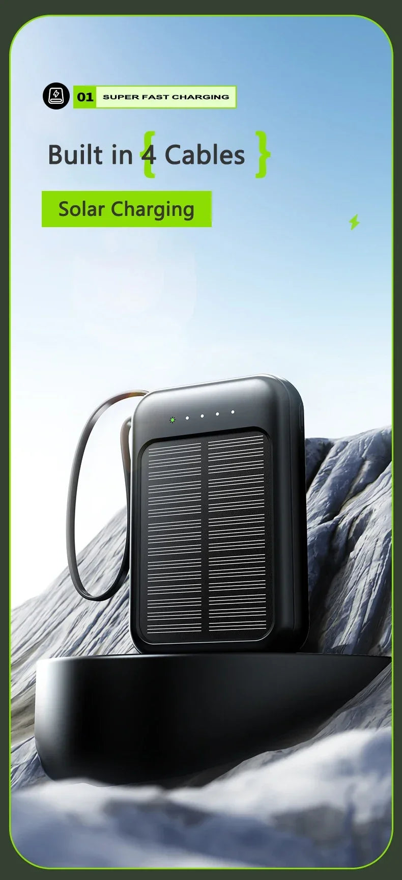 50000mAh Mini Solar Power Bank | Portable Charger with Cables