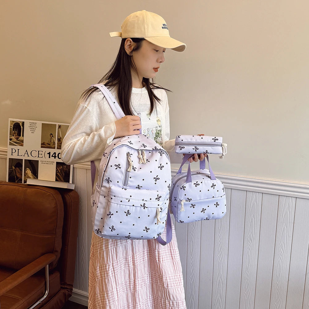 Stylish Bow Print School Bag Set | Rucksack, Handbag & Pencil Case