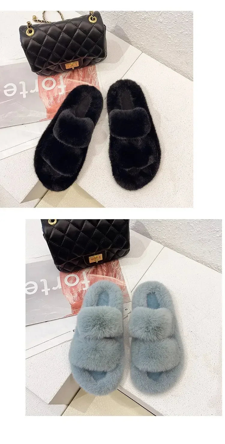 Cozy Double Fur Cross-Strap Plush Slippers | Warm Indoor Footwear