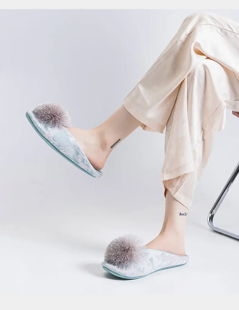 Ladies Indoor Cotton Slippers with Pom Poms | Stylish Comfort