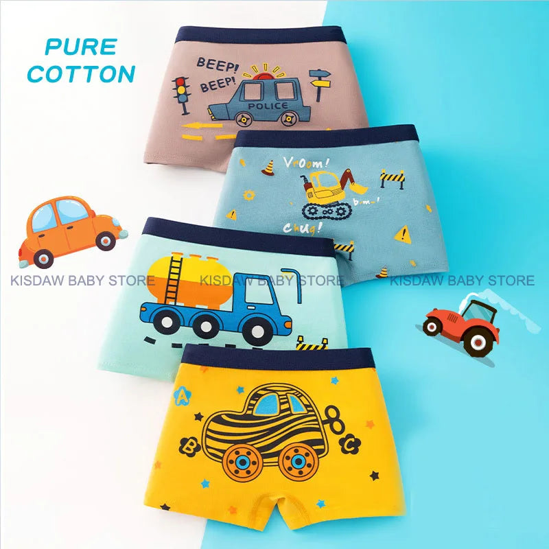 Boys Cotton Underwear | 4-Pack Cartoon Boxer Briefs for Kids