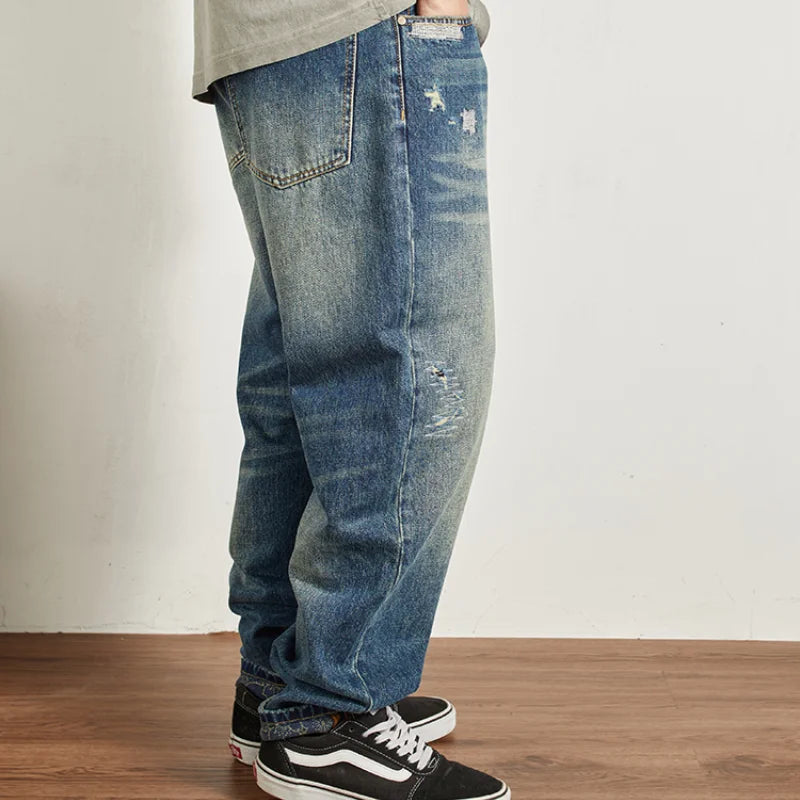 Men's Ripped Vintage Jeans | Casual Heavy Straight Leg Denim
