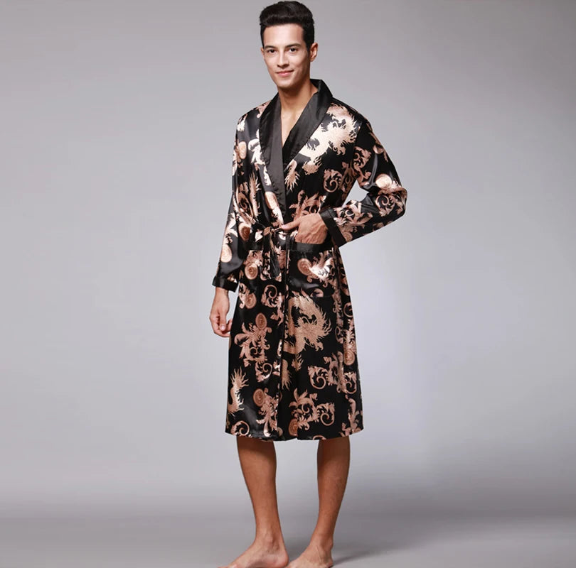 Traditional Japanese KIMONO Fashion YUKATA Oriental Gold Dragons Pattern Bathrobe Summer Men Ice Silk Robes Pajamas  Sleepwear