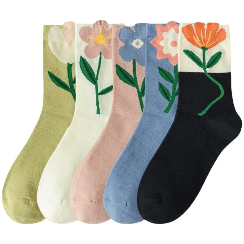 Kawaii Women's Floral Cartoon Socks | Cute Mid Tube Cotton Socks