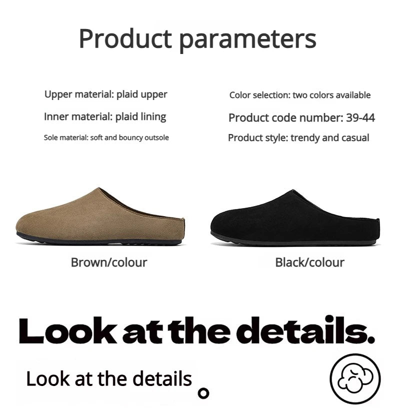 New Men's Slippers New Retro Solid Color Flat Bottom Women's Slingback Shoes Closed Toe Round Toe Suede Clogs Sandals Autumn