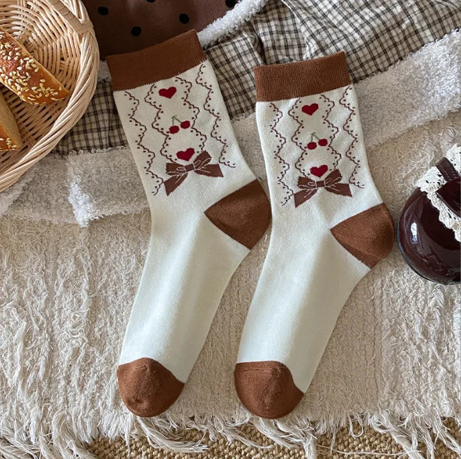 Cute Women's Mid-Calf Socks | Charming Cherry Bow Design