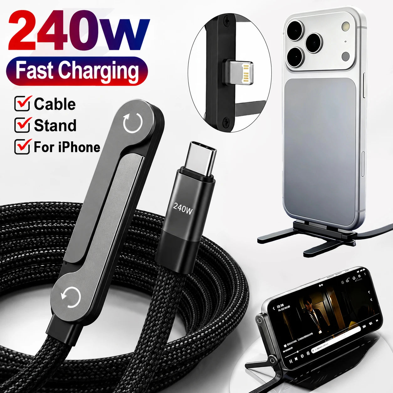 240W Fast Charging Foldable Phone Holder & USB Type-C Cable