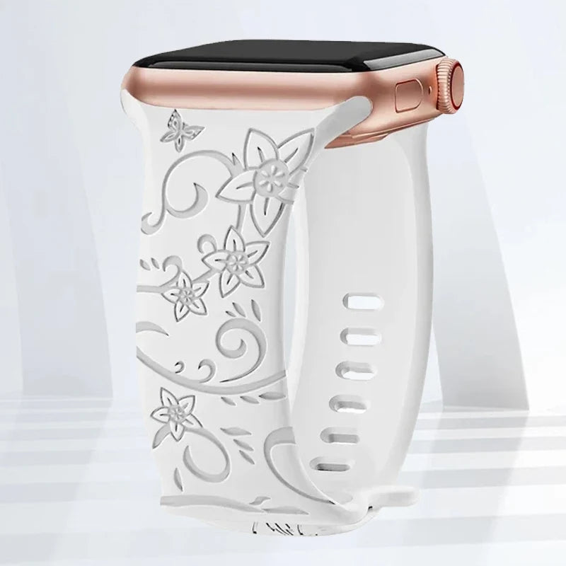 Floral Engraved Silicone Strap | Elegant Replacement Band for Apple Watch