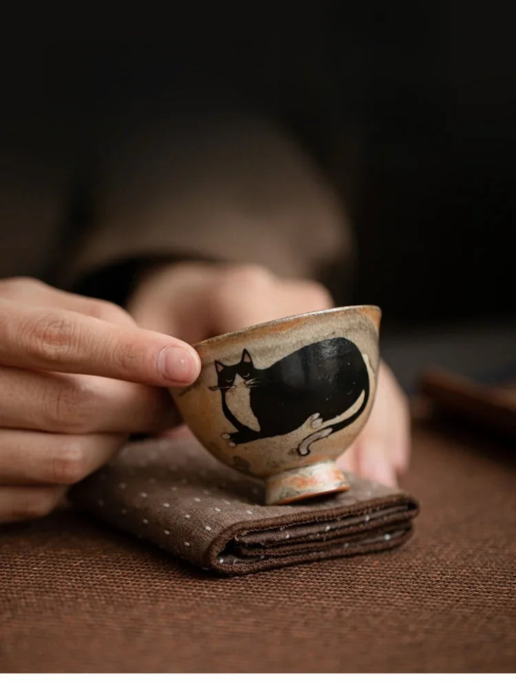 Cute Black Cat Teacup | Elegant Ceramic Tea and Sake Cups Set