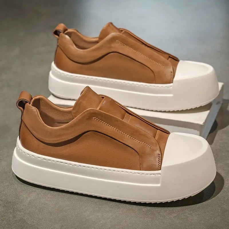 Men's Retro Brown PU Leather Platform Loafers | Lightweight Casual Sneakers