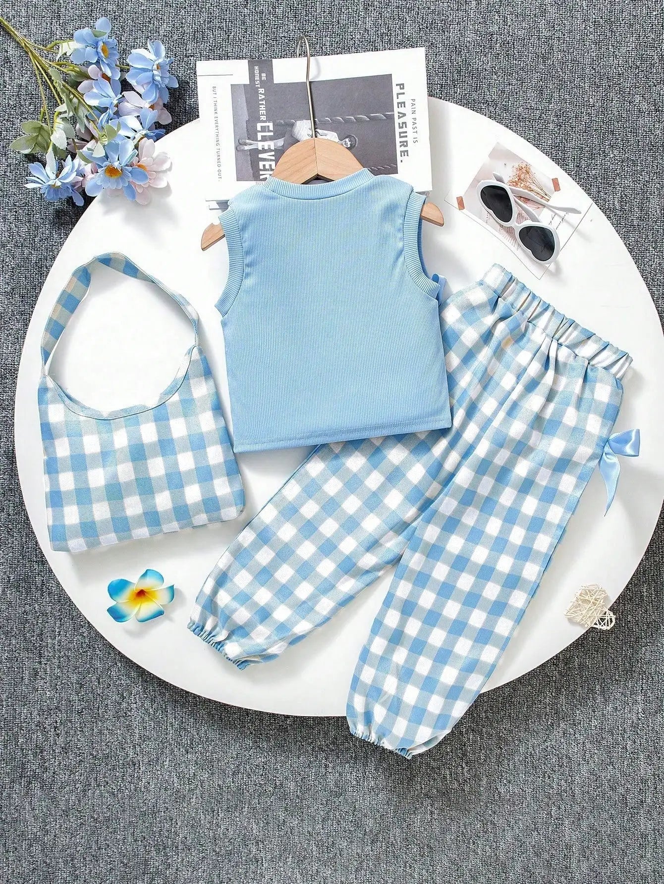 Little Girl's Blue and White Plaid 3-Piece Outfit Set | Summer Fun
