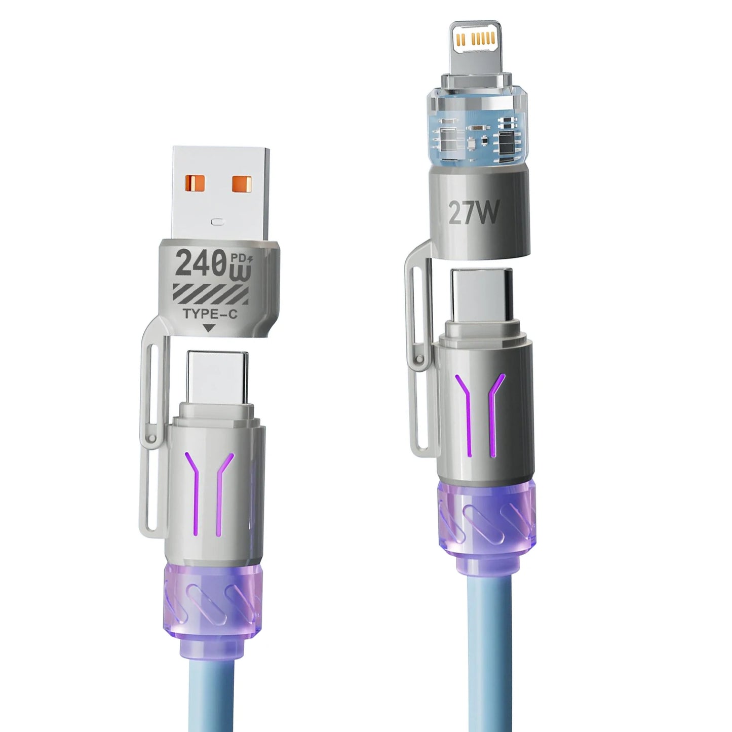 4 in 1 2m240W Spring Short Data Cable 6A USB Type C Spring Telescopic Quick Charger Wire Spring USB Cable for iPhone 15 14 13 12