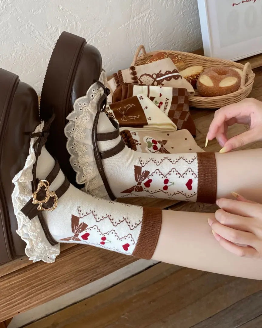 Cute Women's Mid-Calf Socks | Charming Cherry Bow Design