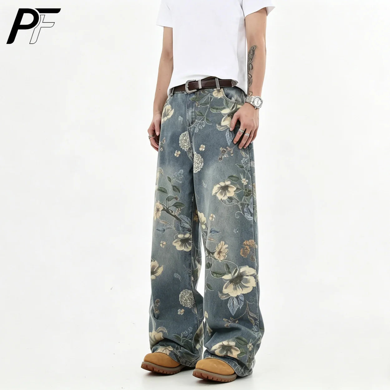 Vintage Floral Wide Leg Denim Pants | Trendy Y2K Casual Trousers