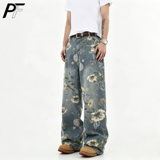 Vintage Floral Wide Leg Denim Pants | Trendy Y2K Casual Trousers