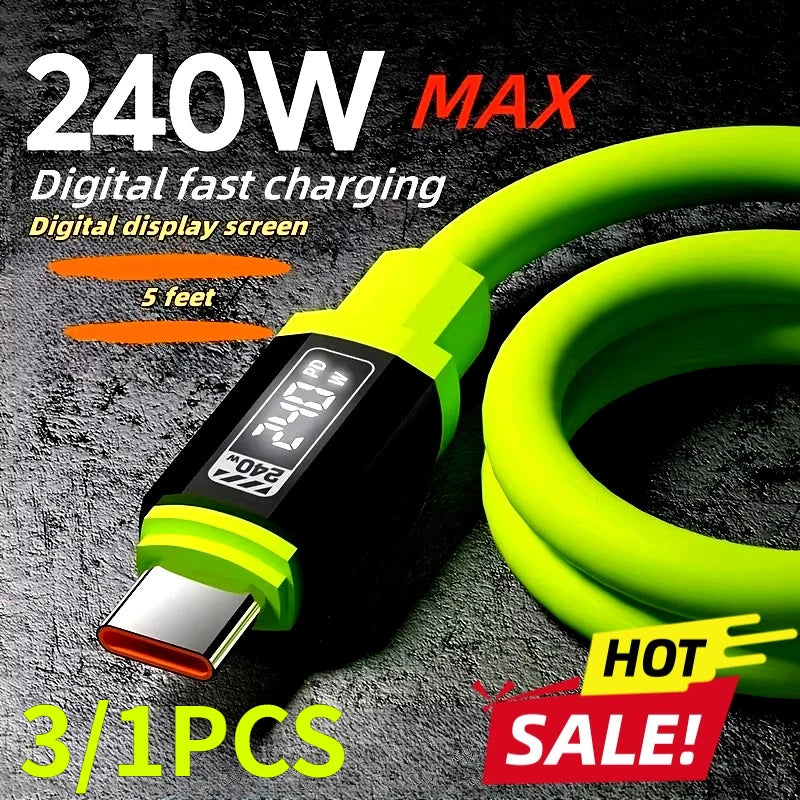 240W Fast Charging USB A C Cable with Power Display | Universal Compatibility