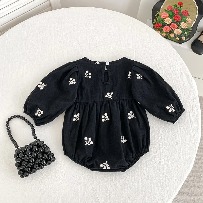 Baby Girls Embroidered Bow Romper | Cozy Autumn Jumpsuit