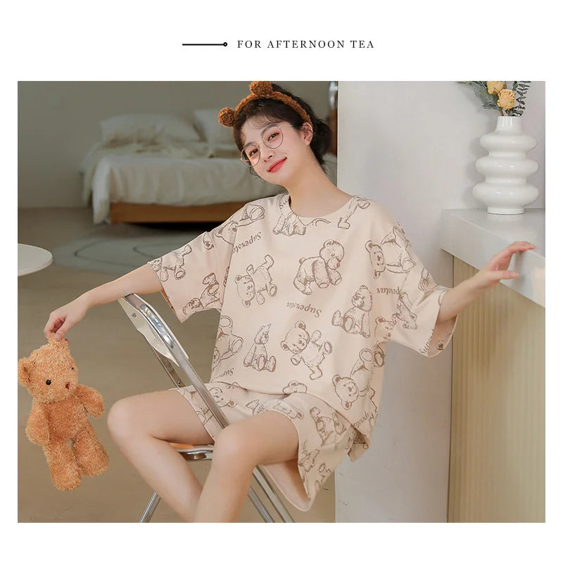 Plus Size Short Sleeve Pajamas for Women | Cute Cartoon Bear Design