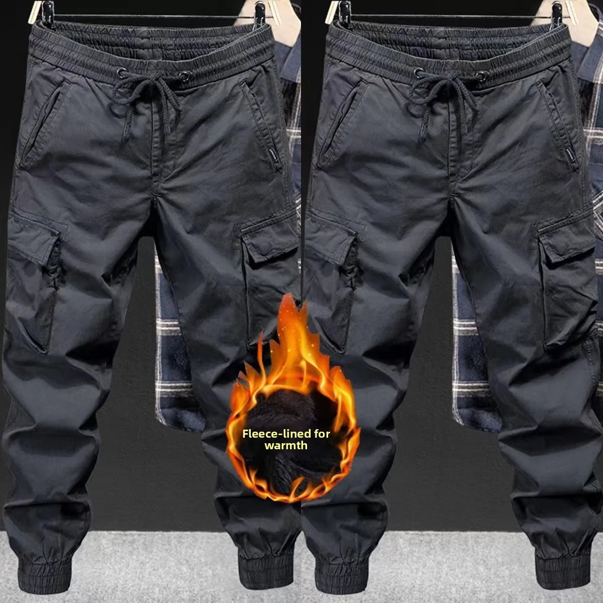 Men’s Autumn Winter Thickened Fleece Work Cargo Pants Loose Fit Wear Resistant Tear Proof Trousers with Multi Pockets