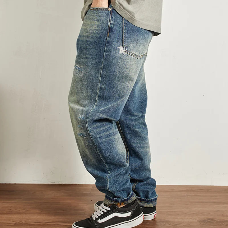 Men's Ripped Vintage Jeans | Casual Heavy Straight Leg Denim