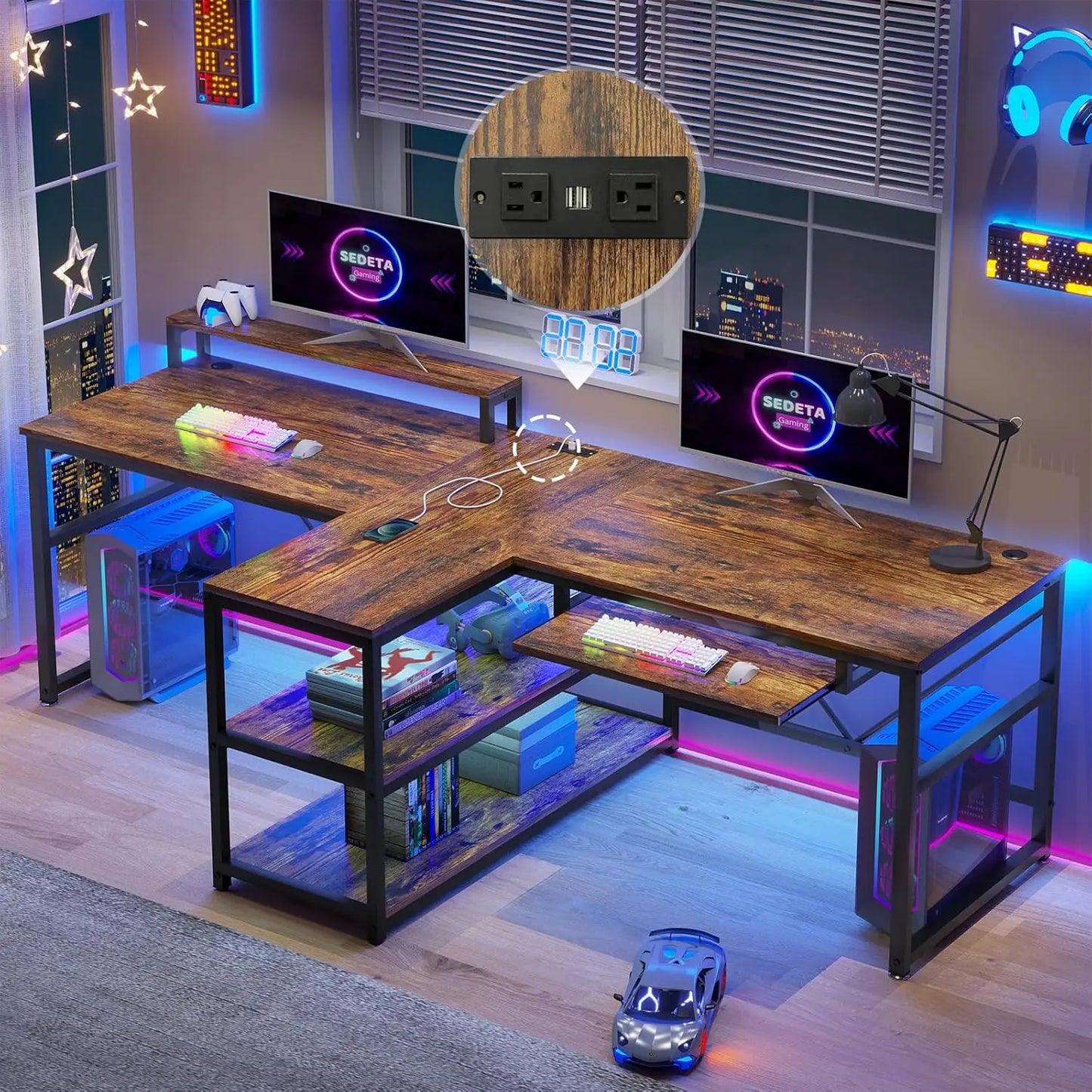 94.5" Dual Person Office Desk with LED Lights & Storage